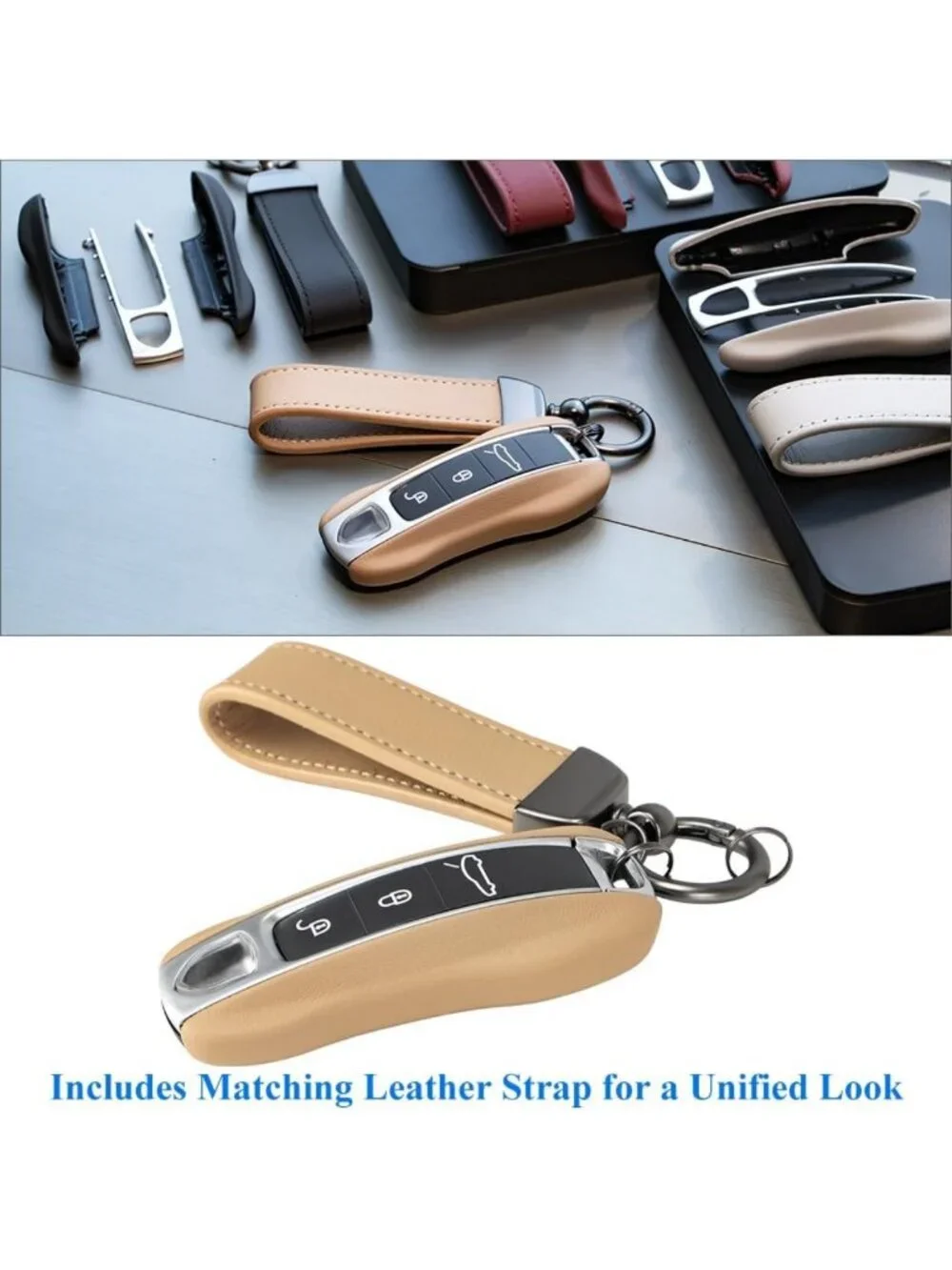 Beige Calf Leather Key Fob Cover for Luxury Cars - Stylish & Durable Accessory